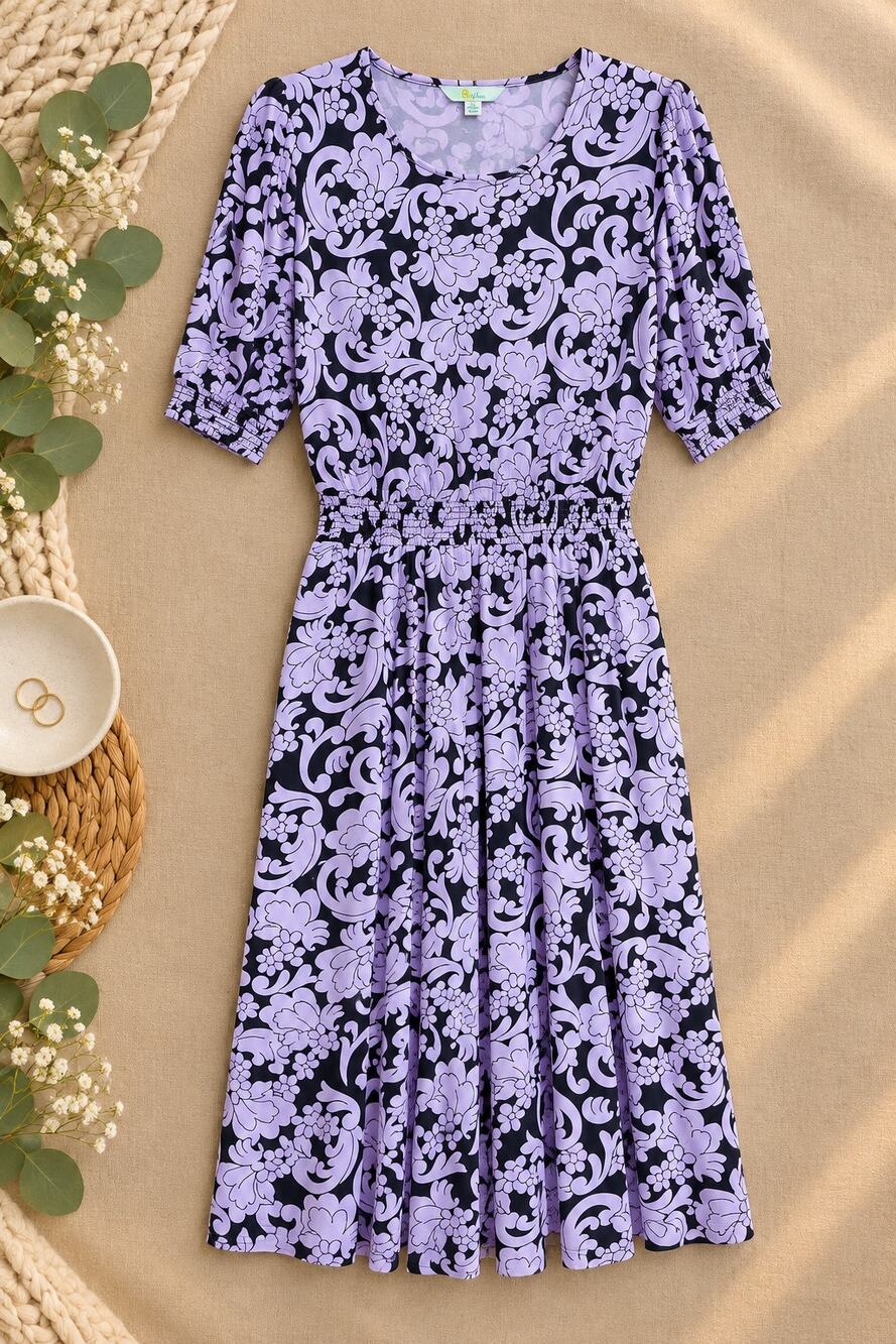 Boden Sophia Smocked Midi Dress Pink Navy Floral Jersey Artsy Feminine US 12R